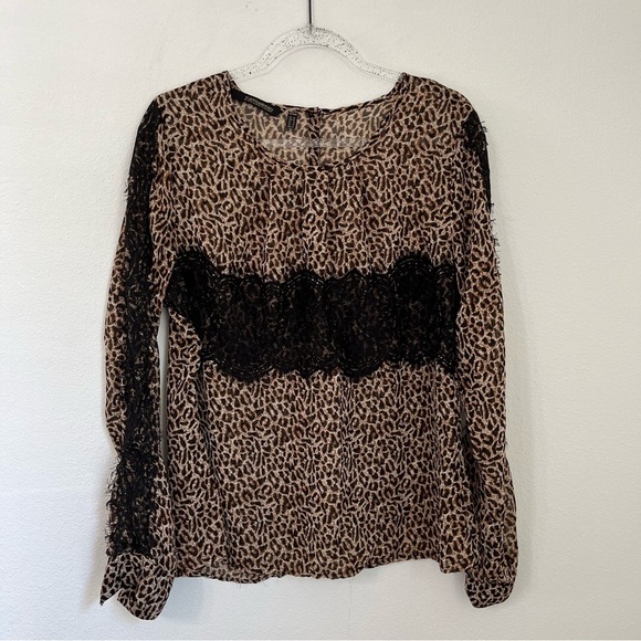 Kardashian Leopard Print Lace Semi Sheer Long Sleeve Blouse Size XL - Picture 1 of 8